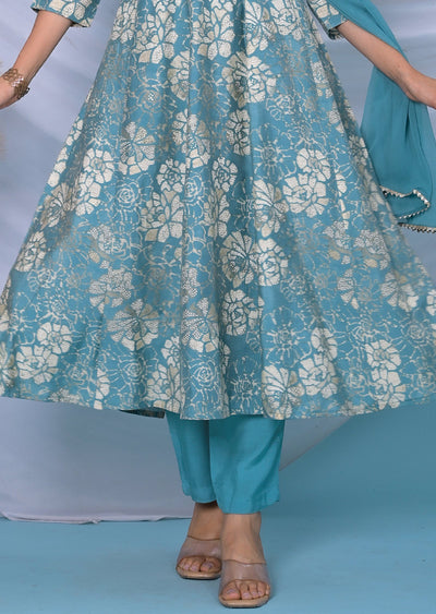 Dusty Blue Muslin Anarkali Suit Set