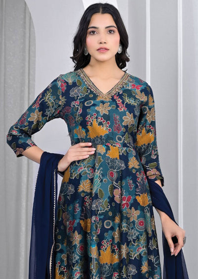 Dark Teal Floral Muslin Anarkali Suit Set