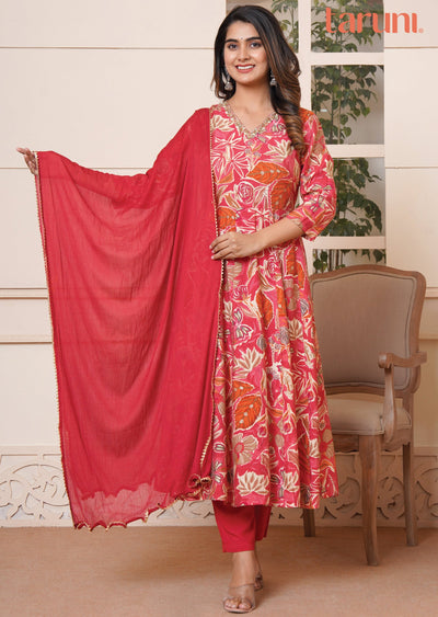 Coral Pink Muslin Anarkali Suit Set