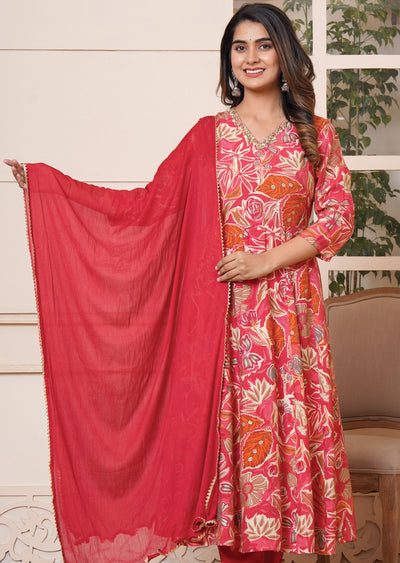 Coral Pink Muslin Anarkali Suit Set