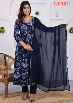 Floral Navy Blue Muslin Anarkali Suit Set