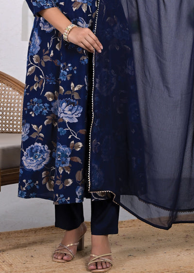 Floral Navy Blue Muslin Anarkali Suit Set