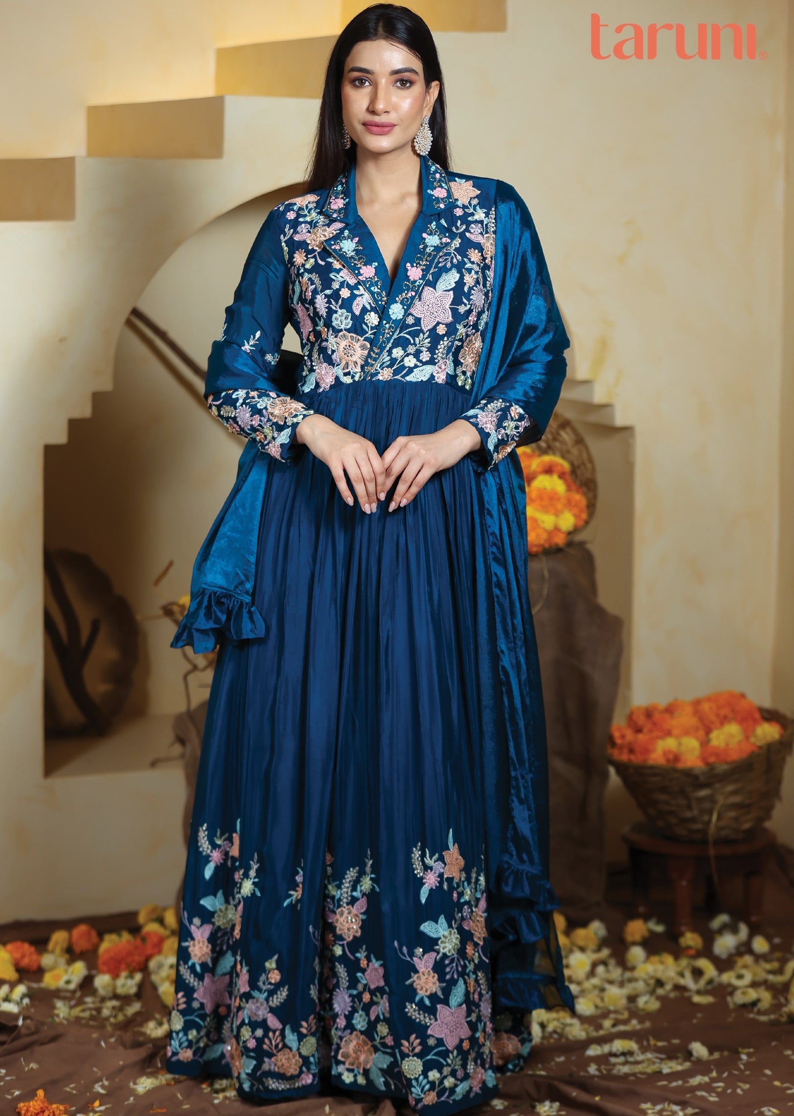 Teal Blue Chinnon Anarkali