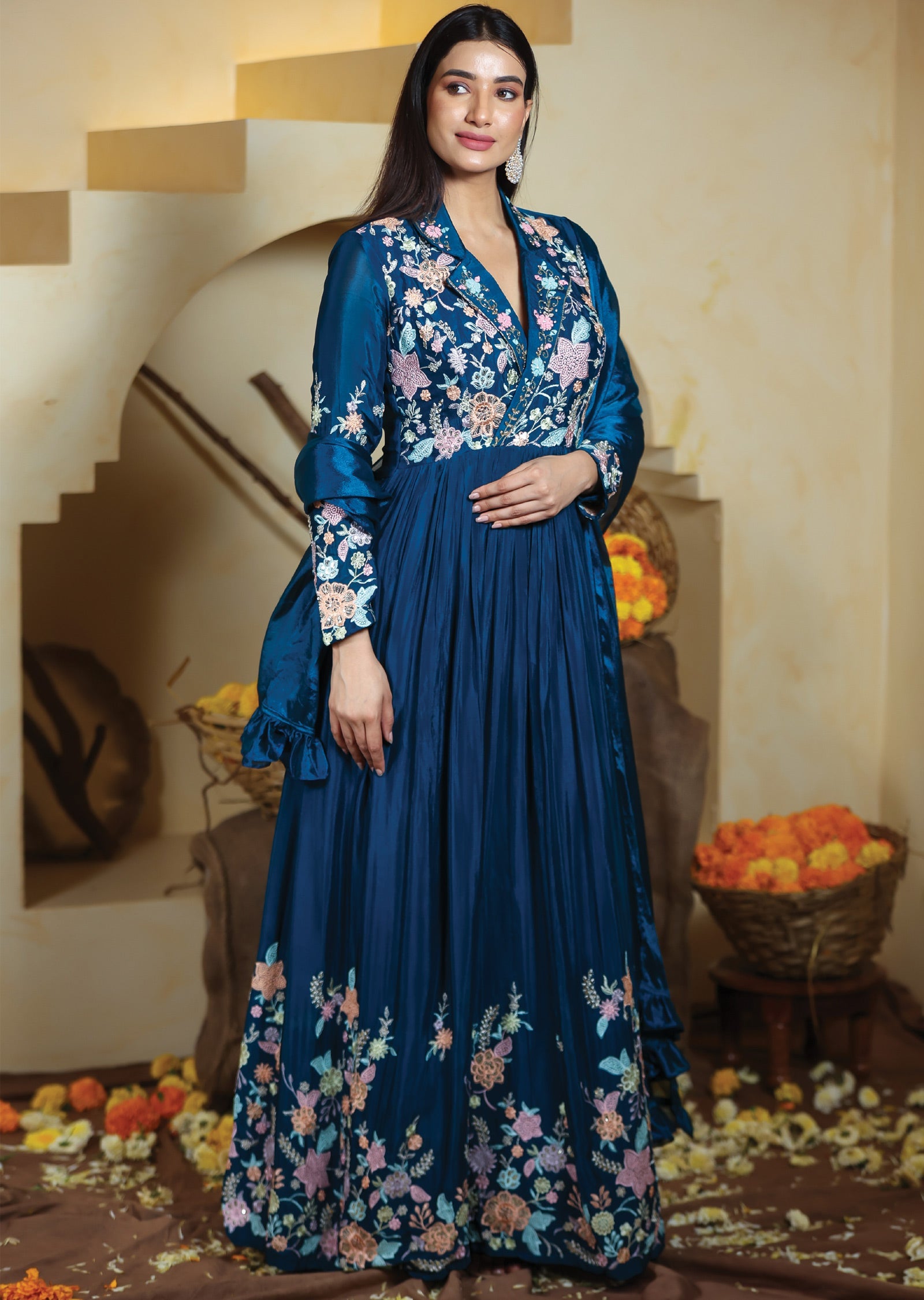 Teal Blue Chinnon Anarkali