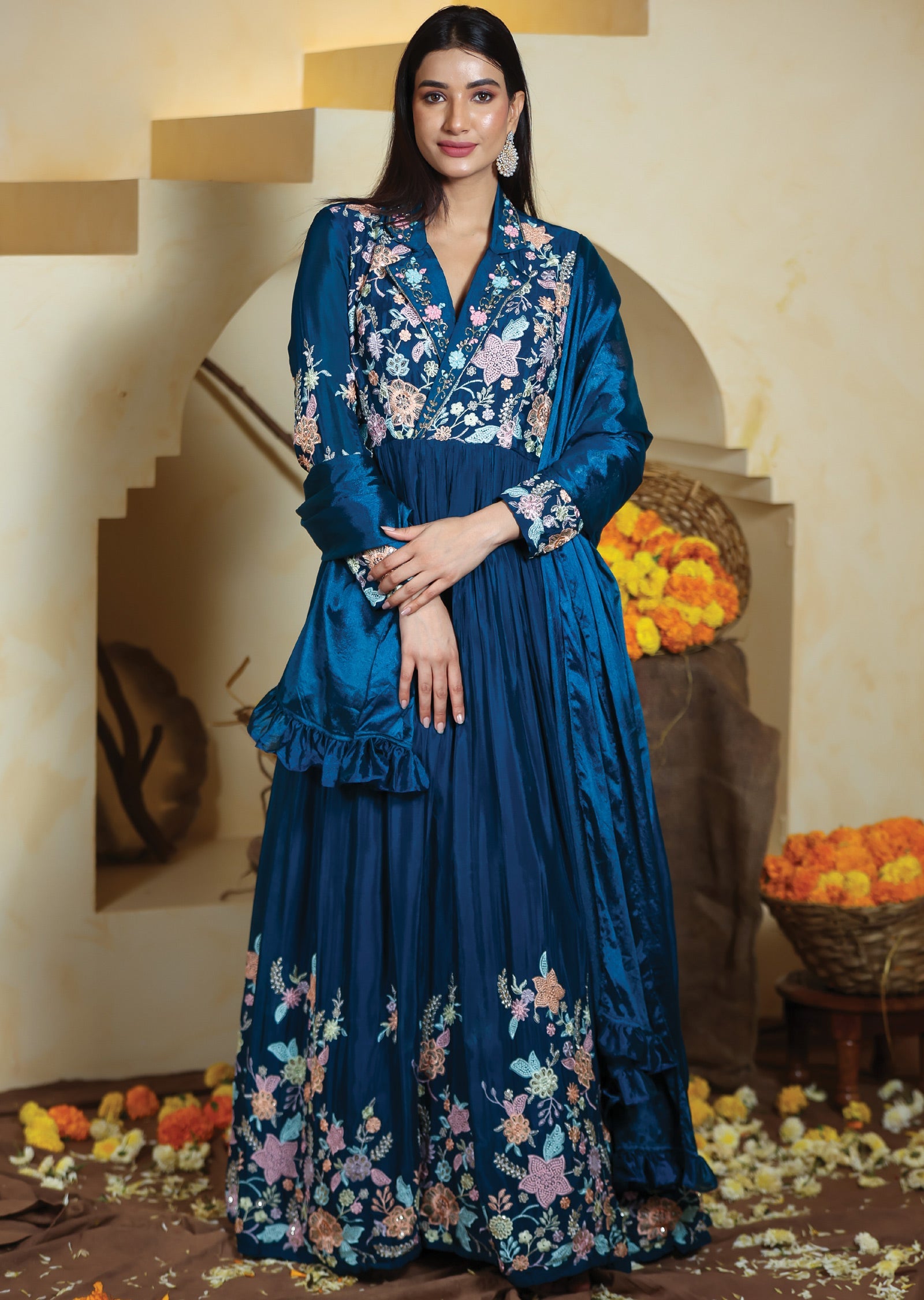 Teal Blue Chinnon Anarkali