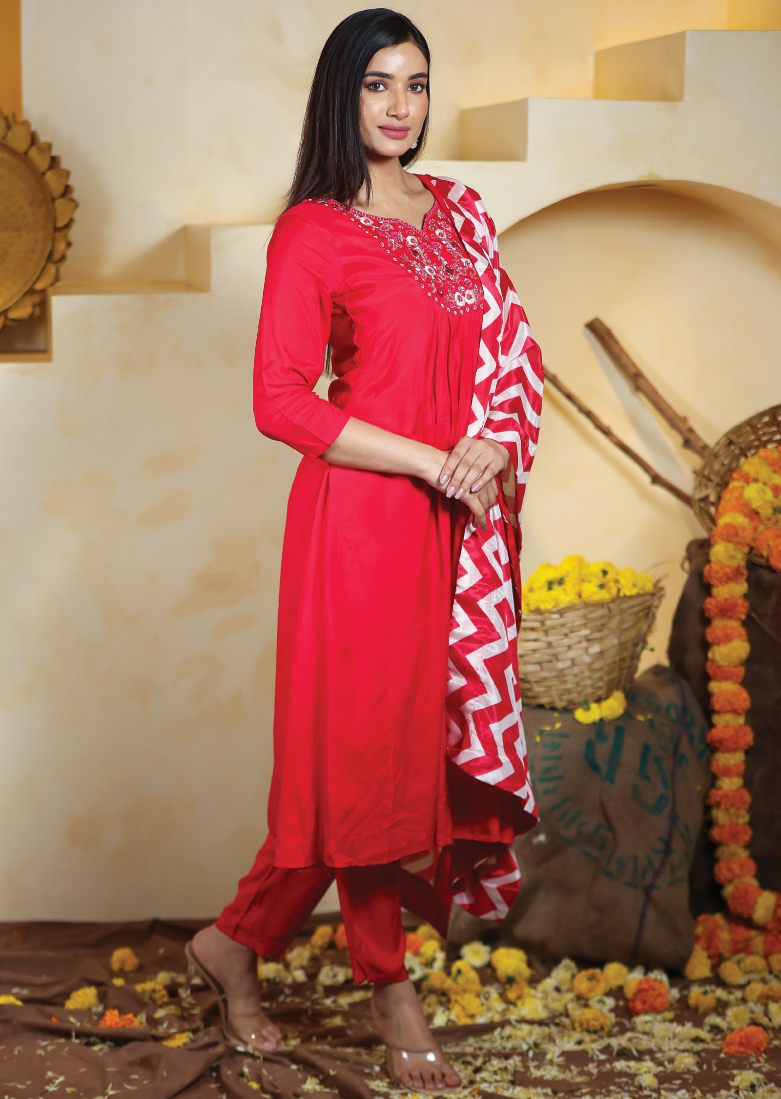 Red Muslin Anarkali