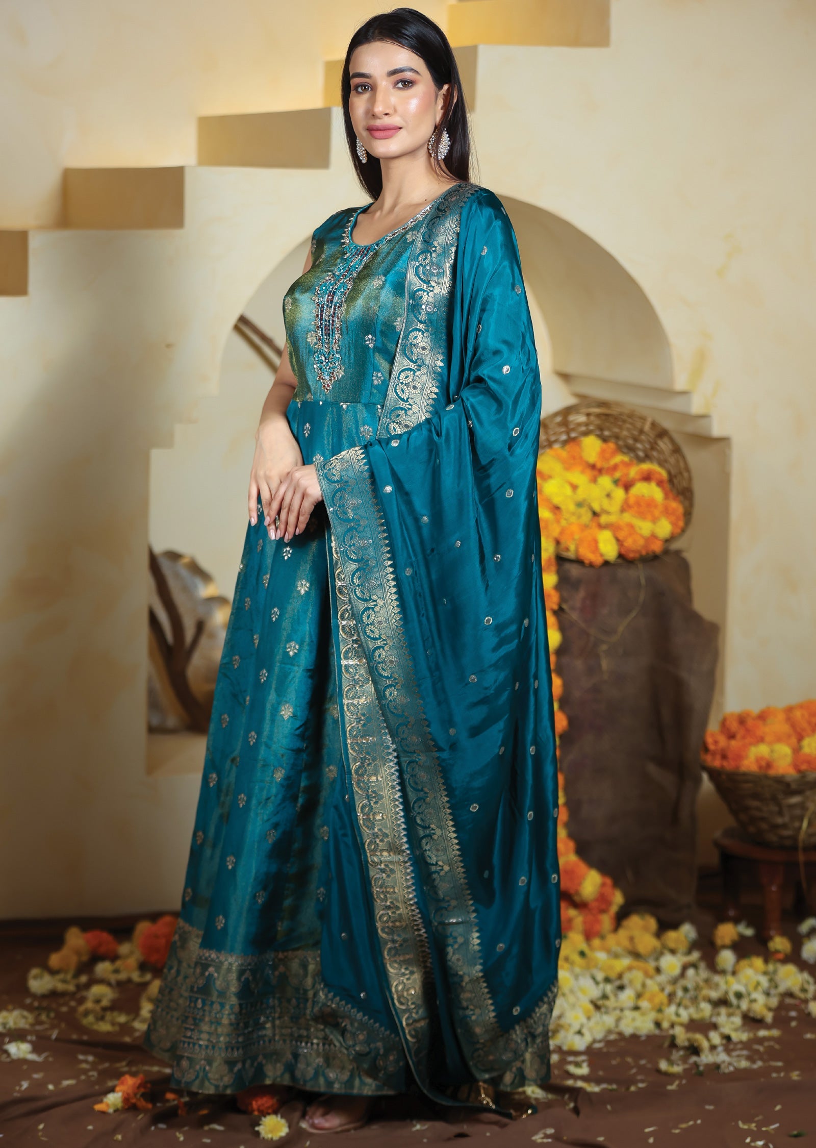 Rama Green Banaras Tissue Anarkali