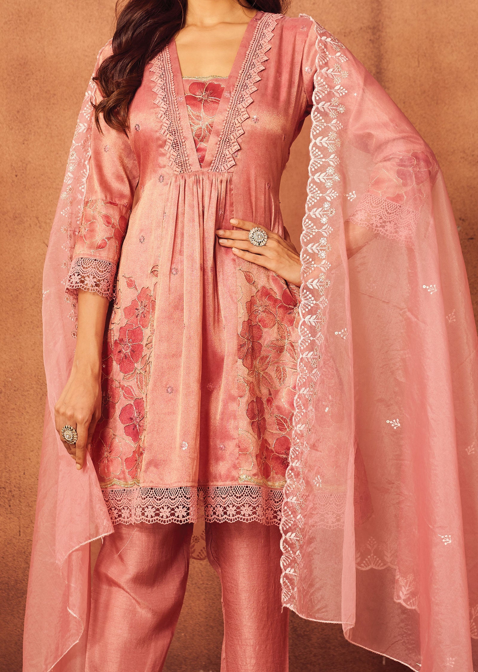 Dark Pink Tissue Silk Anarkali