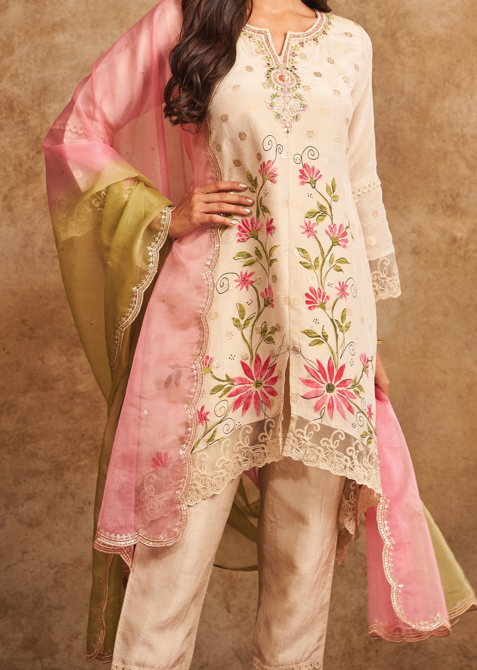 Cream Tissue Banaras Anarkali