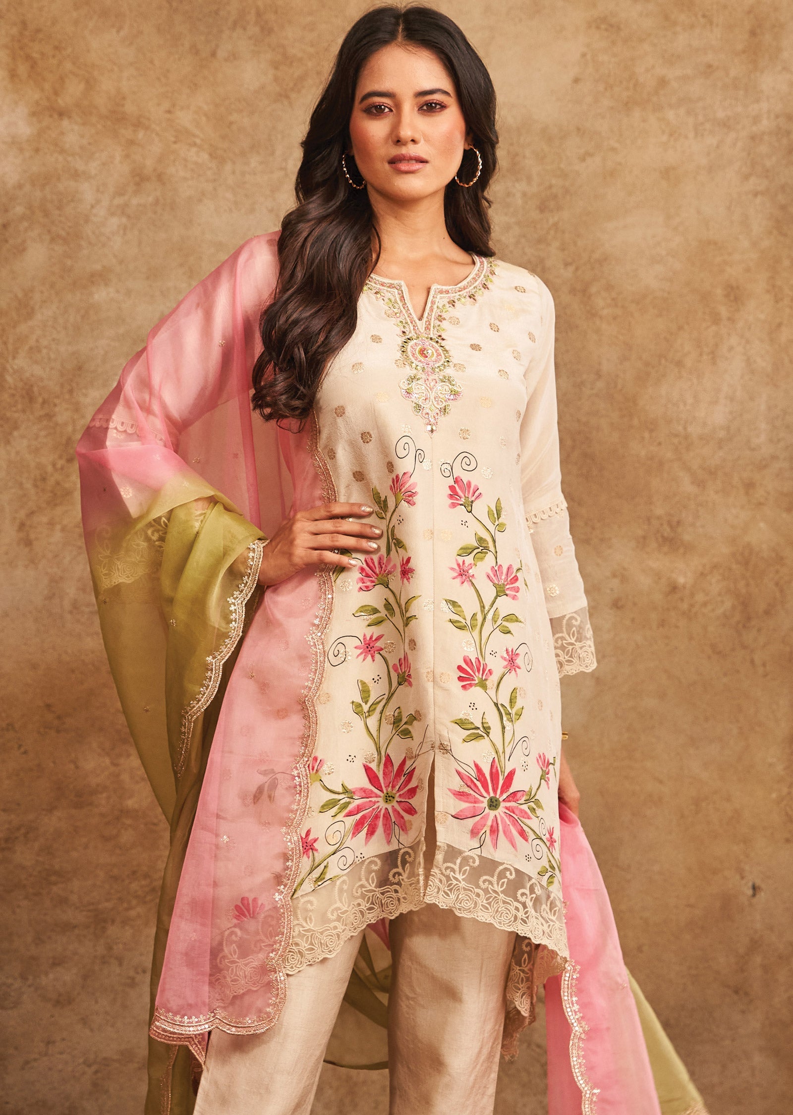 Cream Tissue Banaras Anarkali