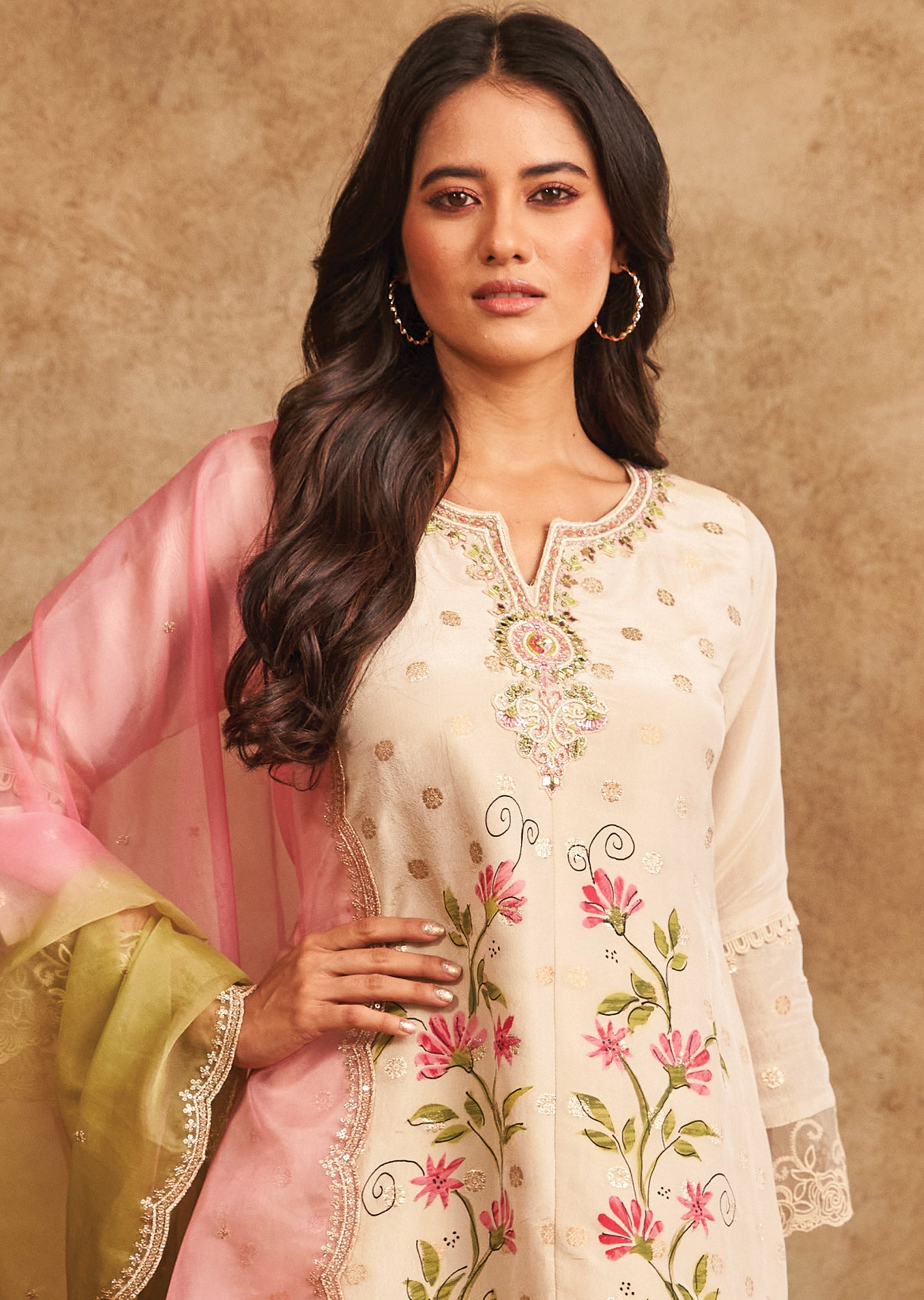 Cream Tissue Banaras Anarkali