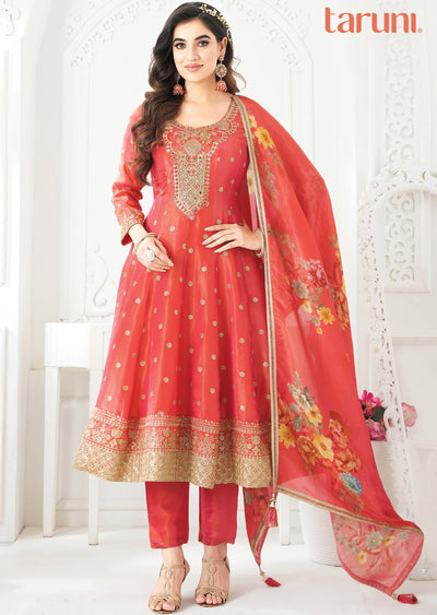 Dark Coral Tissue Silk Anarkali