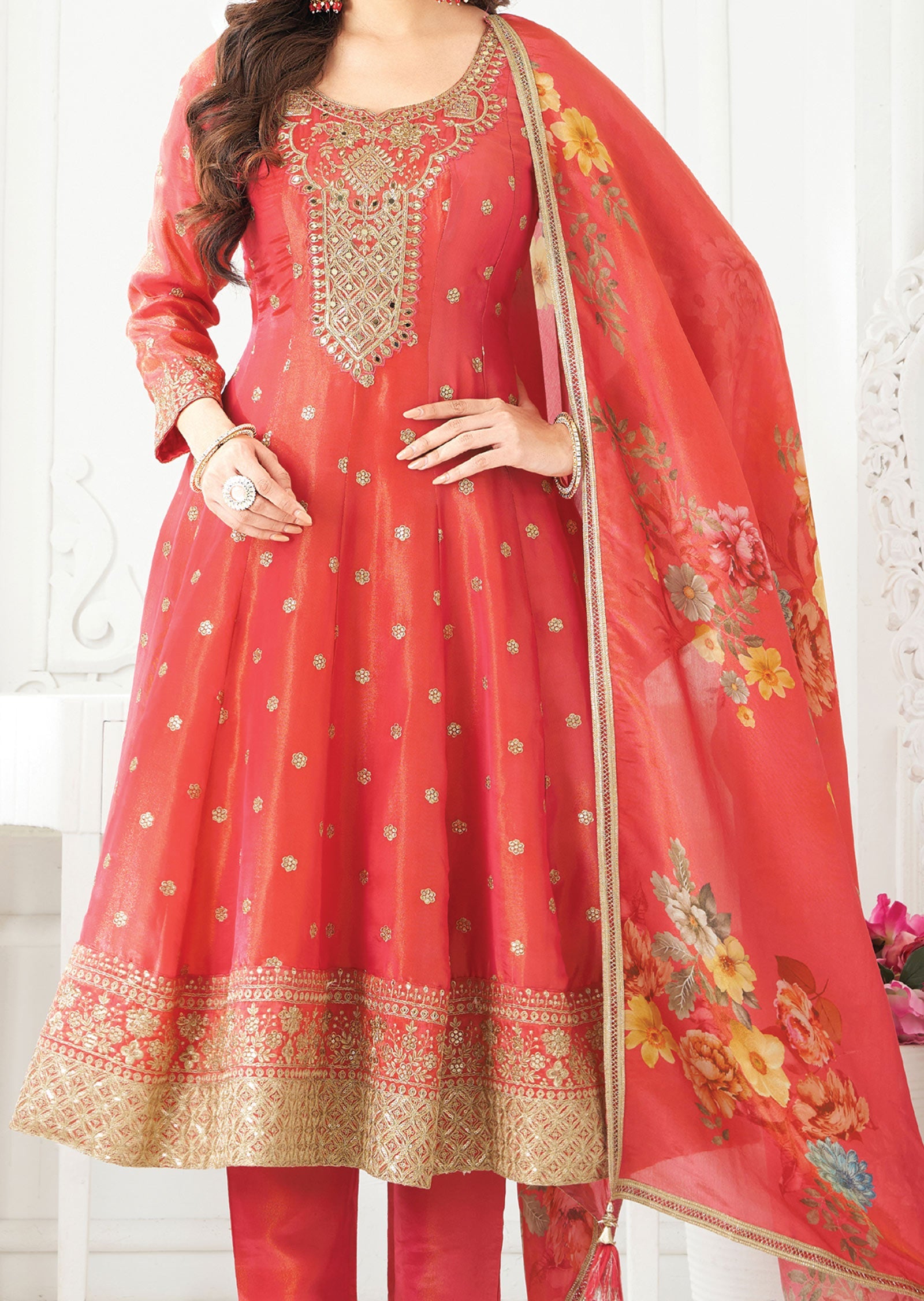 Dark Coral Tissue Silk Anarkali