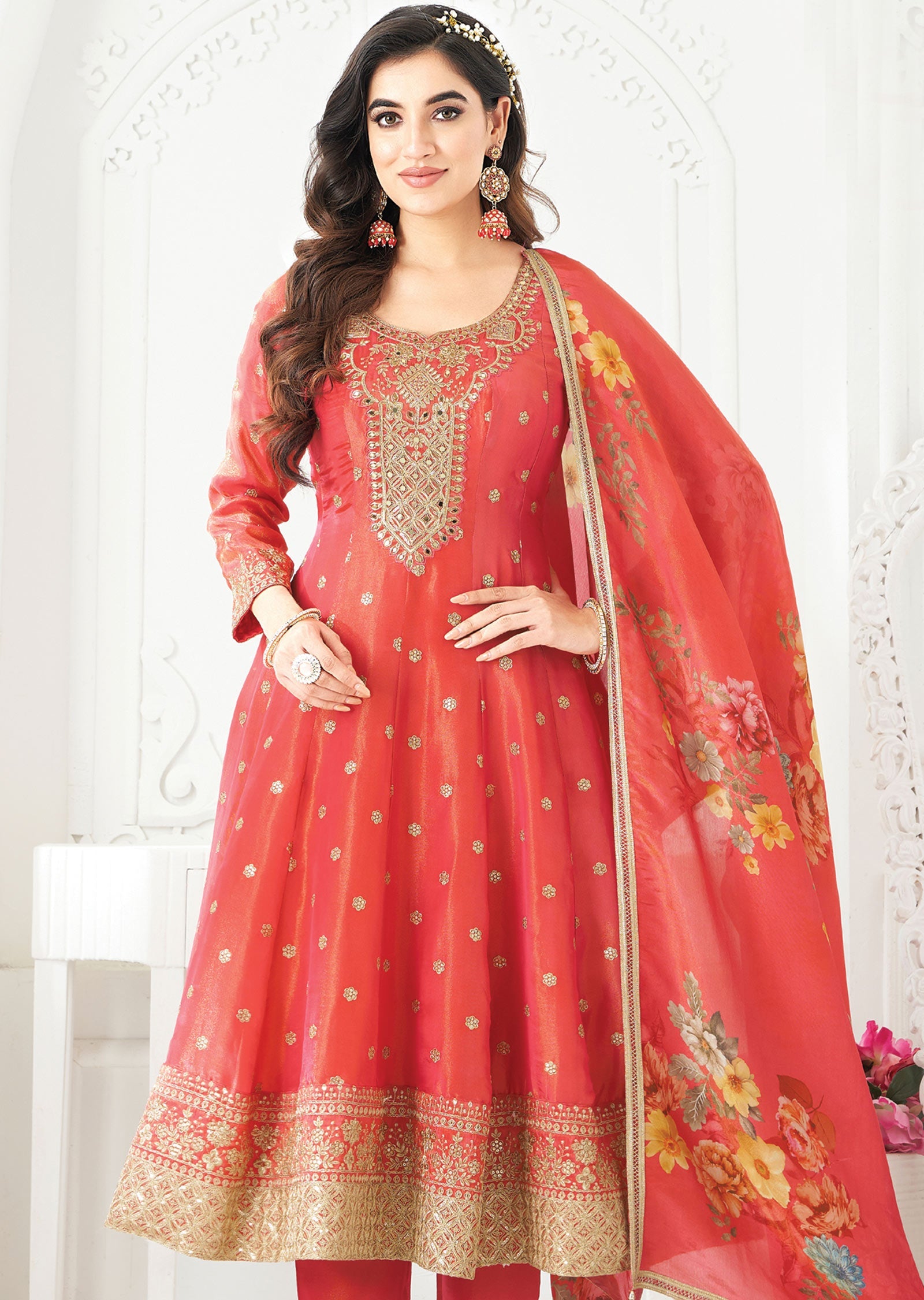 Dark Coral Tissue Silk Anarkali