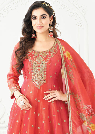 Dark Coral Tissue Silk Anarkali