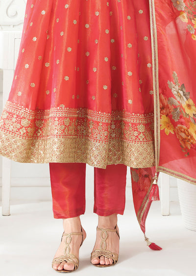 Dark Coral Tissue Silk Anarkali