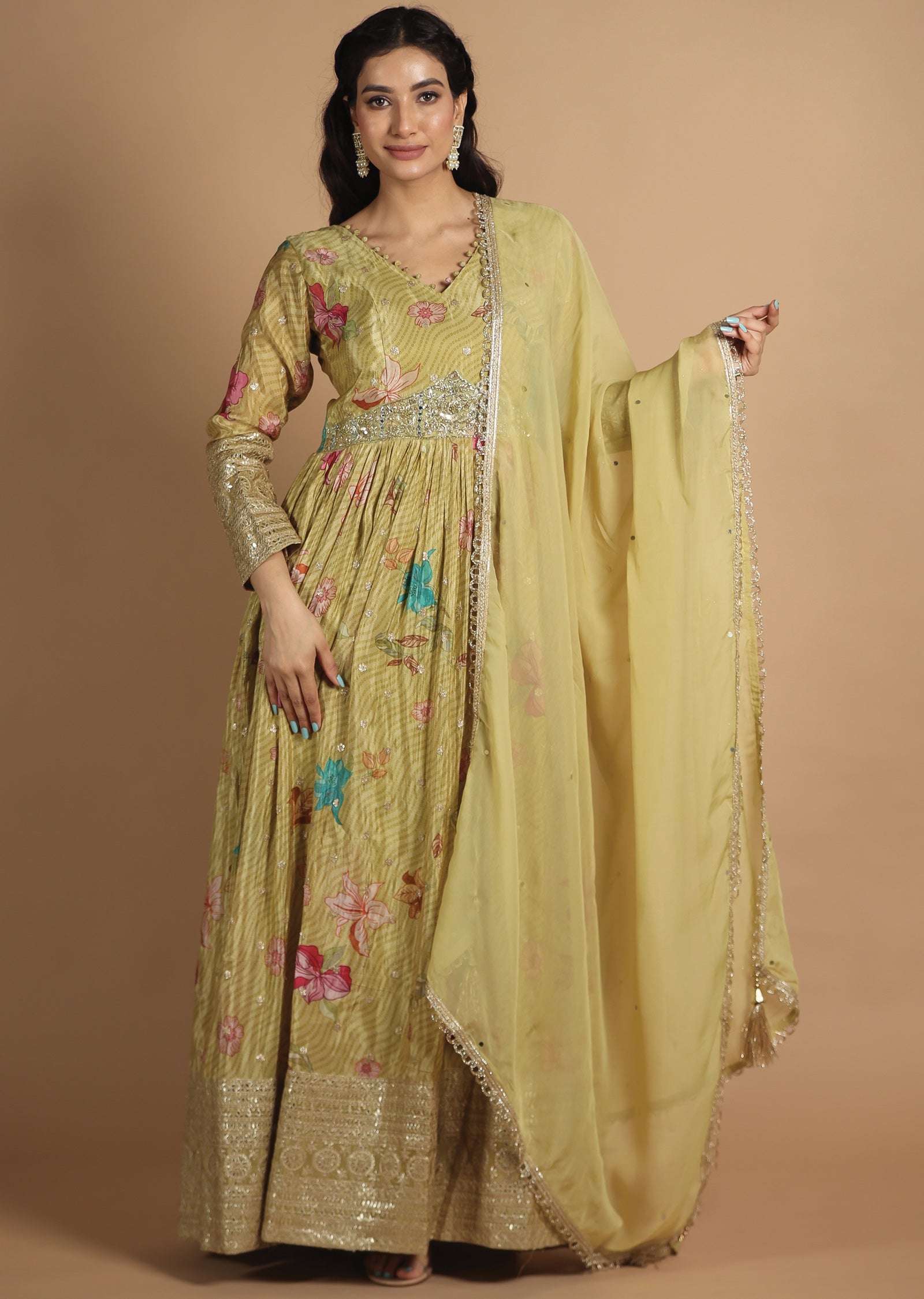 Light Mehendi Green Tissue Silk Anarkali