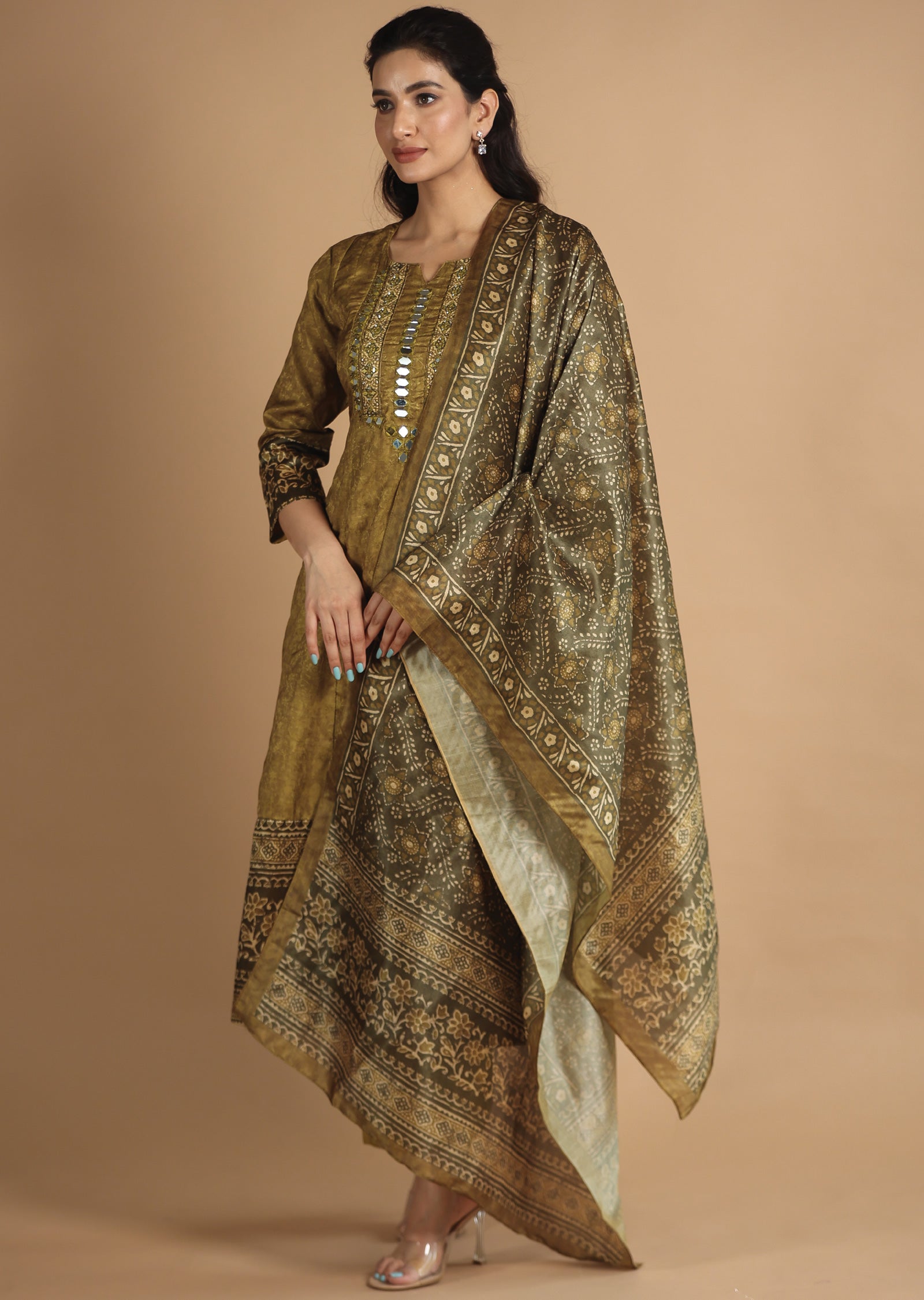 Mehndi Green Silk Anarkali