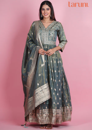 Dusty Green Banaras Tissue Silk Anarkali