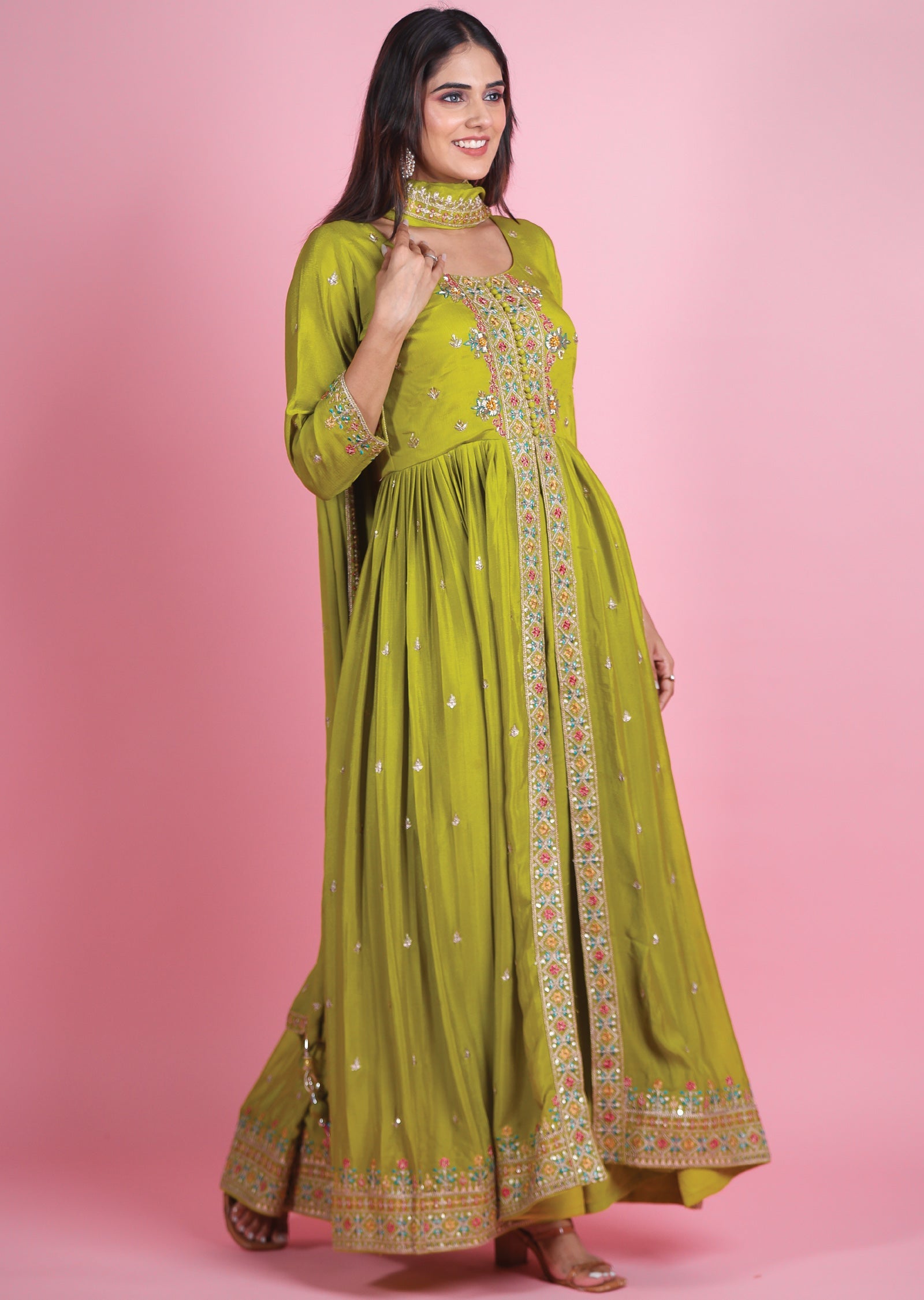 Mehendi Green Chinnon Anarkali