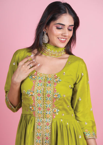 Mehendi Green Chinnon Anarkali