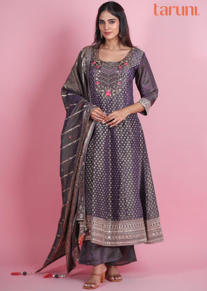 Dark Lavender Banaras Tissue Silk Anarkali