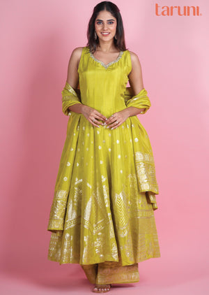 Lime Green Banaras Silk Anarkali