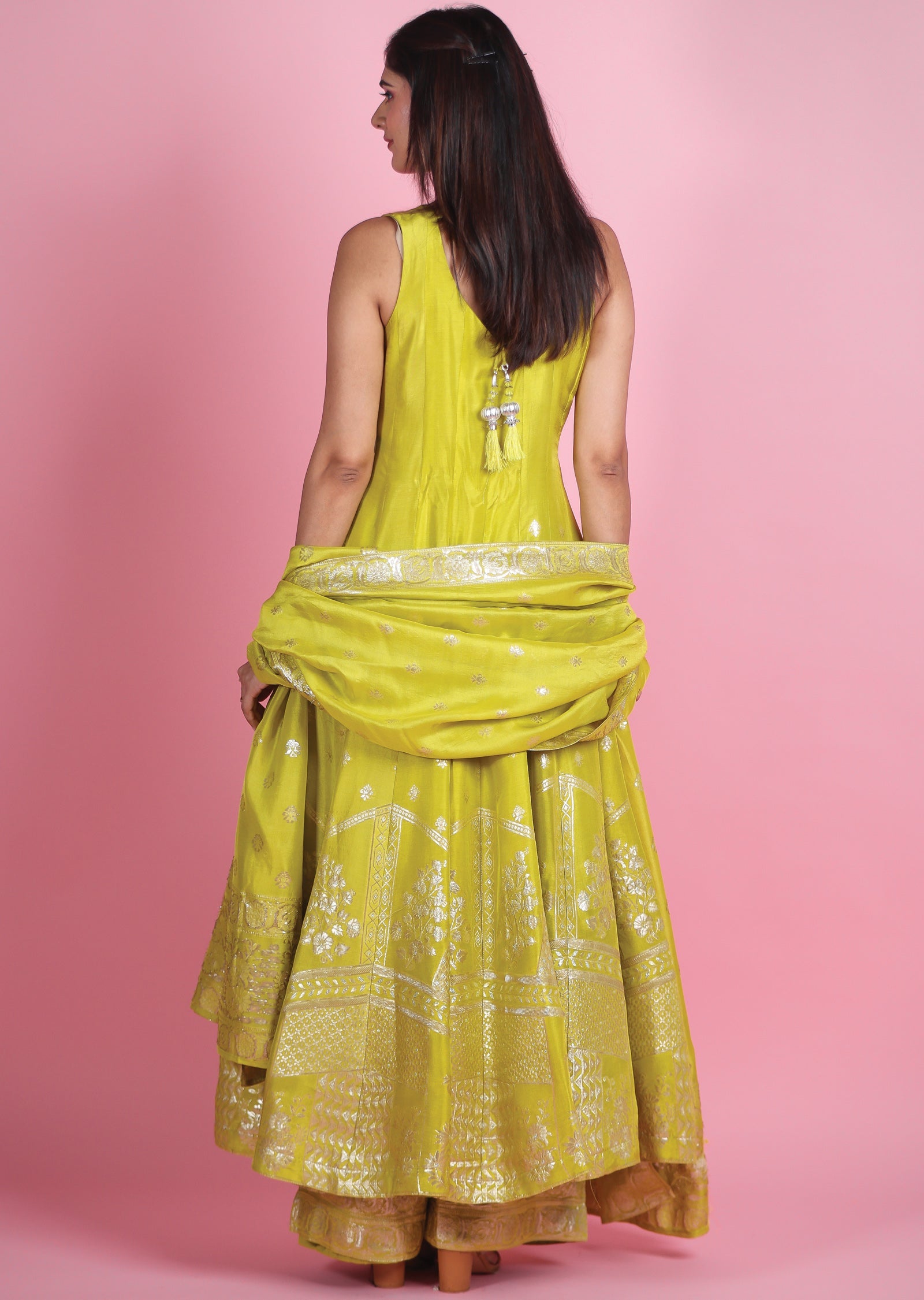 Lime Green Banaras Silk Anarkali