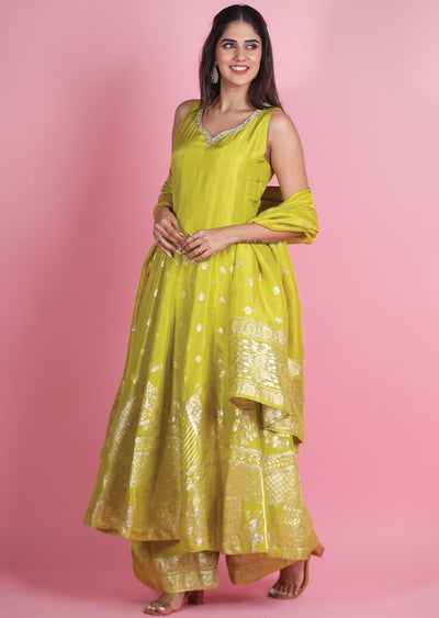 Lime Green Banaras Silk Anarkali