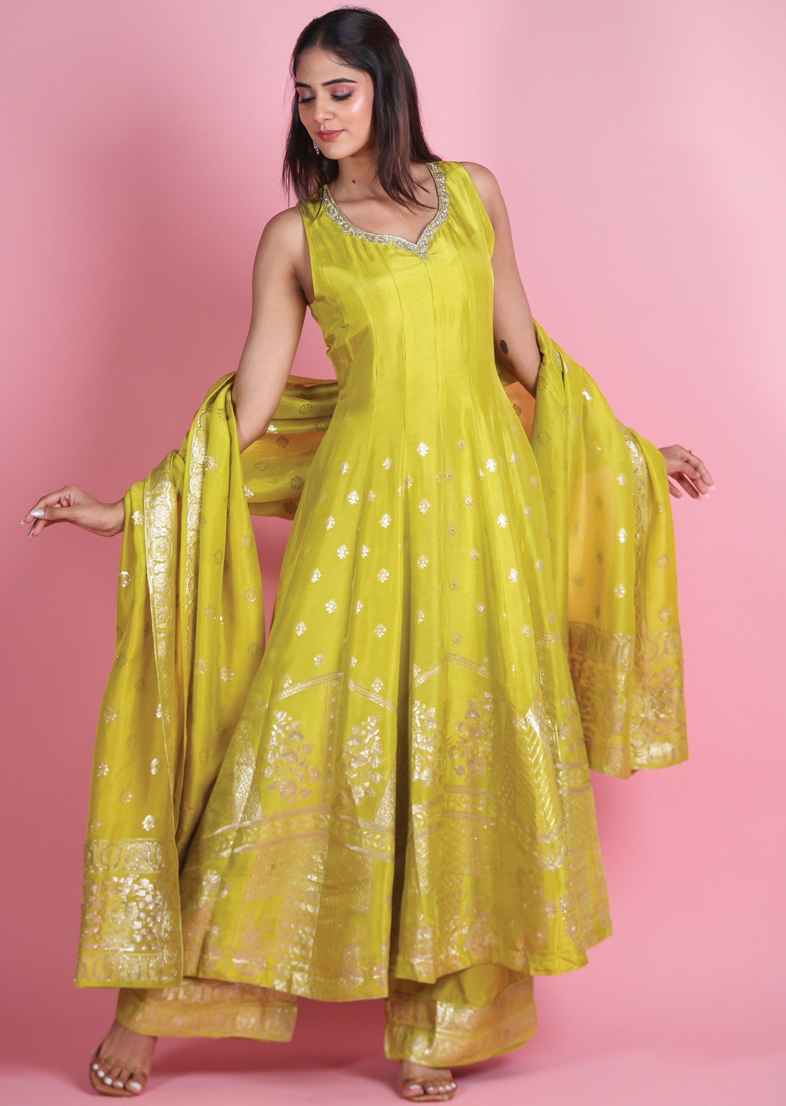 Lime Green Banaras Silk Anarkali