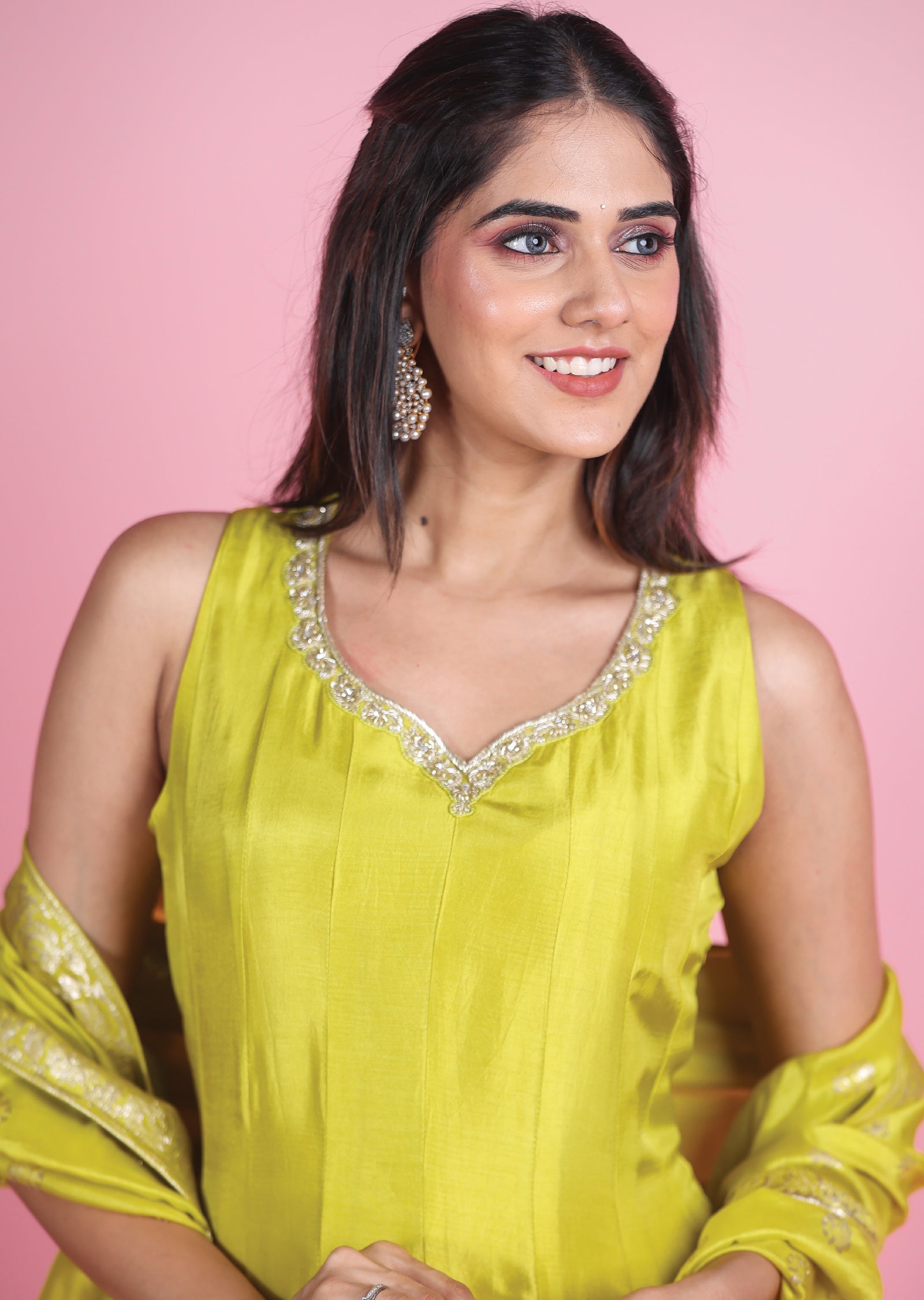 Lime Green Banaras Silk Anarkali