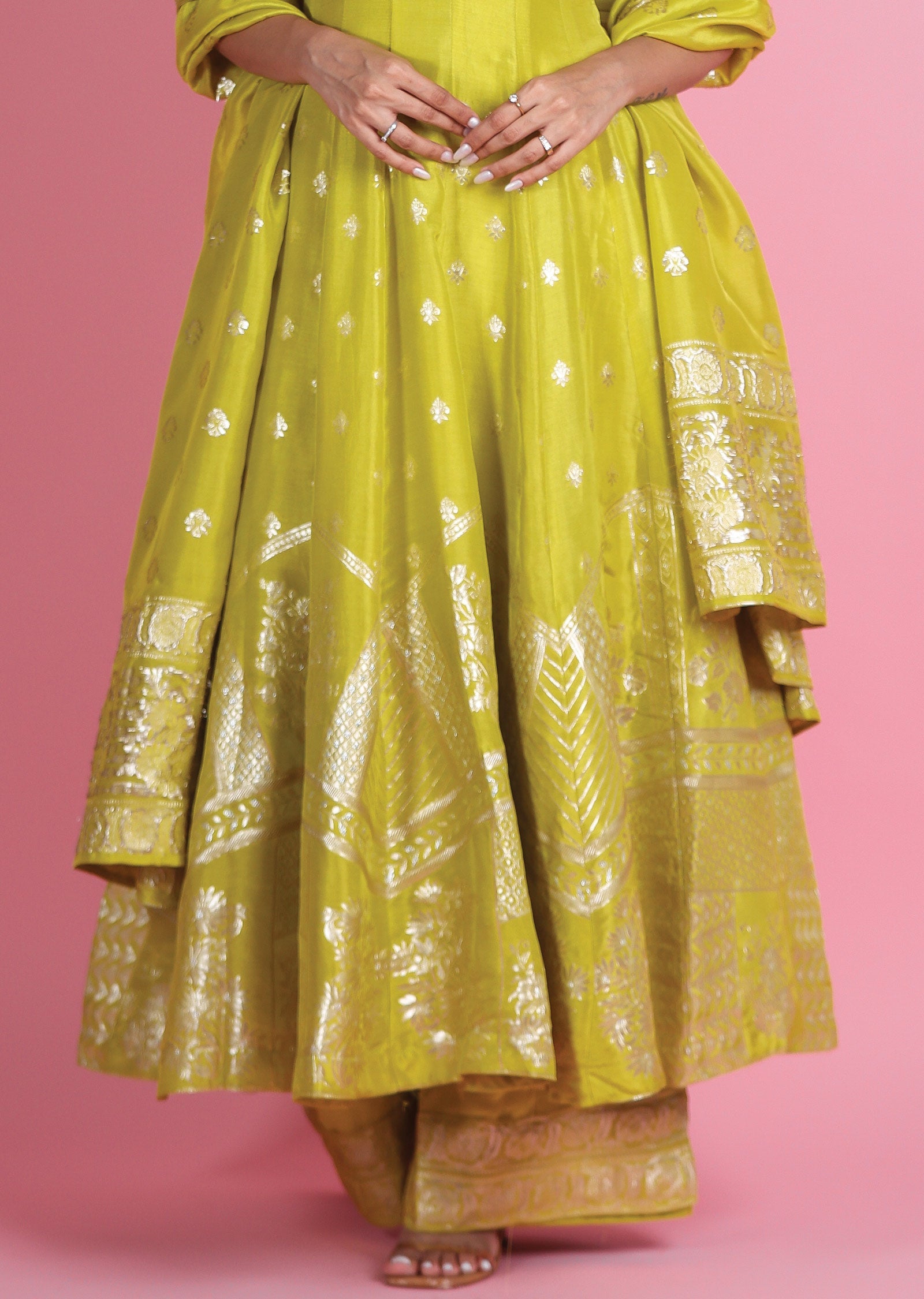 Lime Green Banaras Silk Anarkali