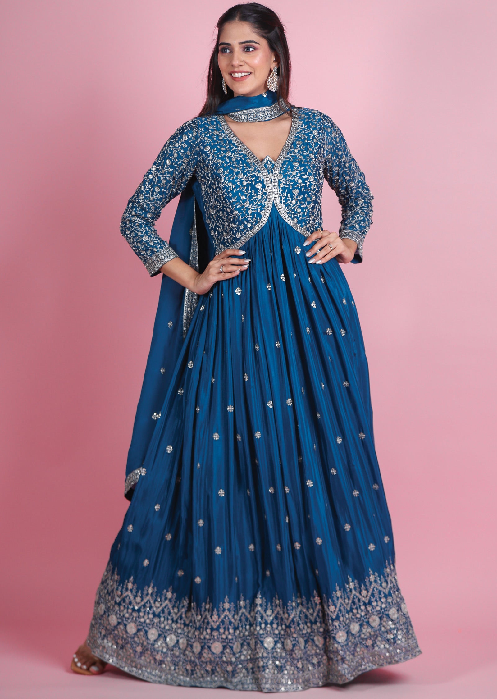 Teal Blue Chinnon Anarkali