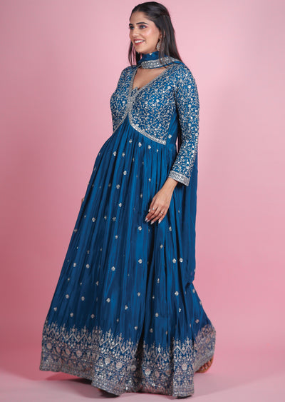 Teal Blue Chinnon Anarkali