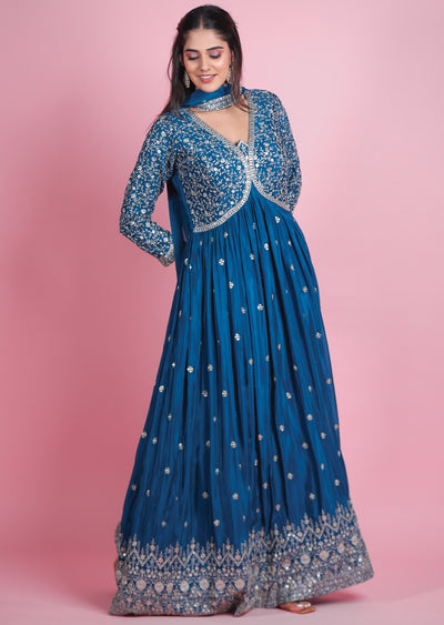 Teal Blue Chinnon Anarkali