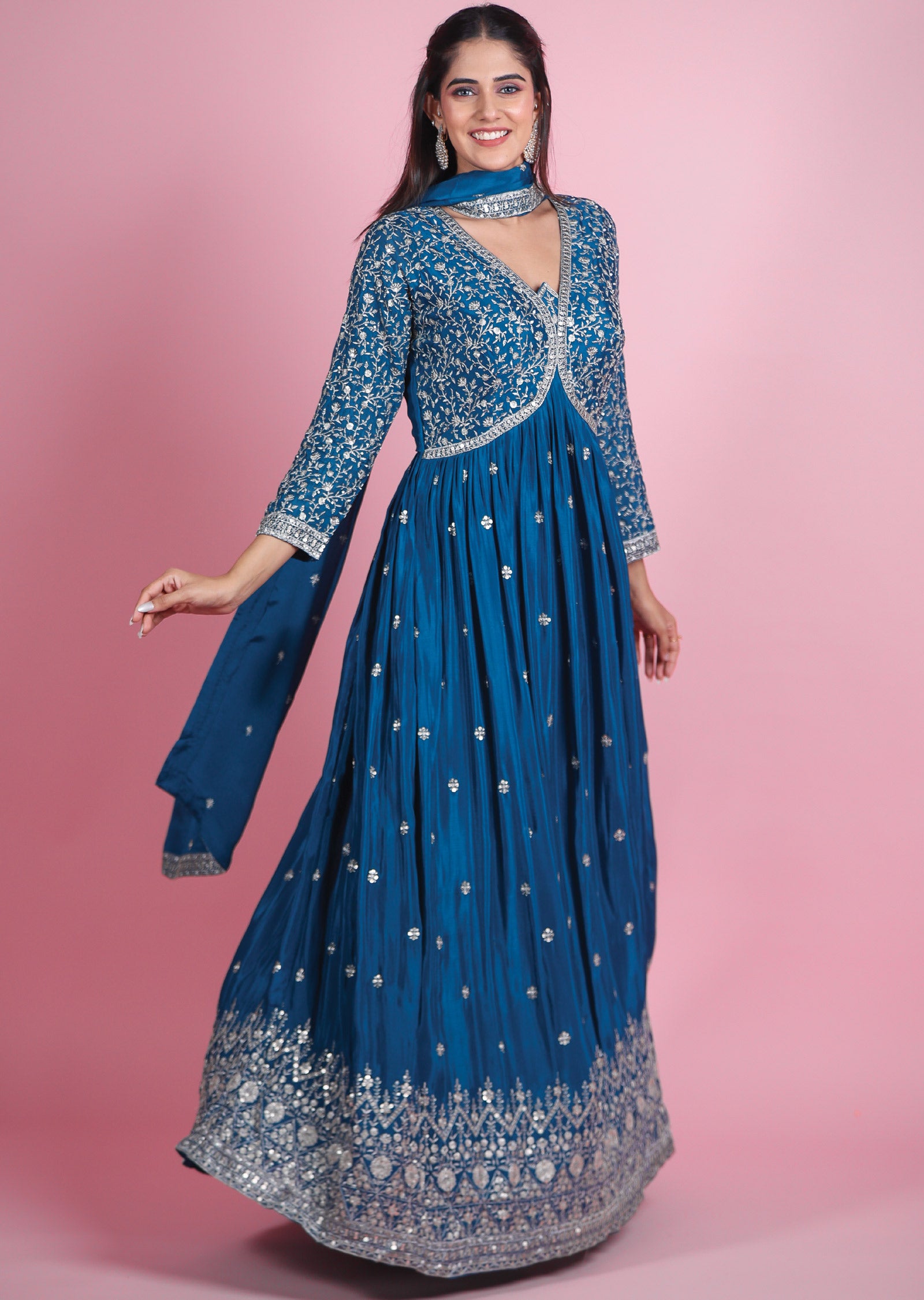 Teal Blue Chinnon Anarkali