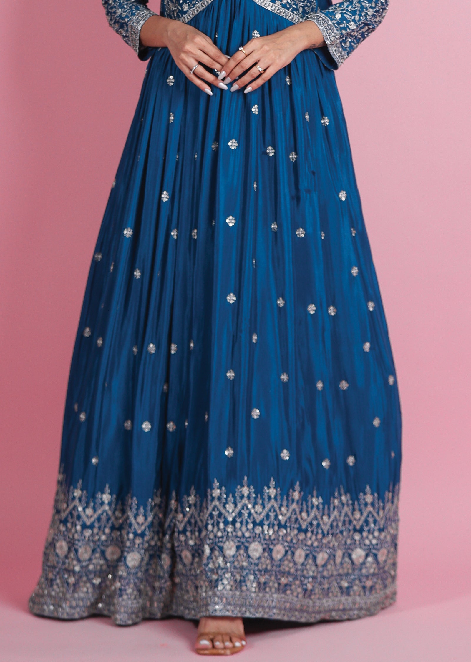 Teal Blue Chinnon Anarkali