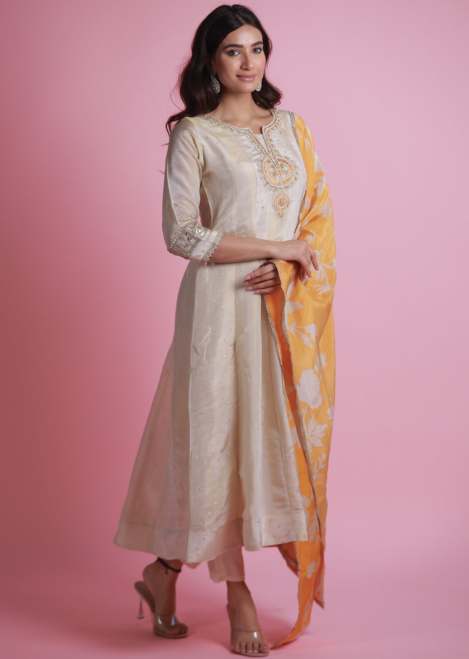 Cream Banaras Tissue Anarkali