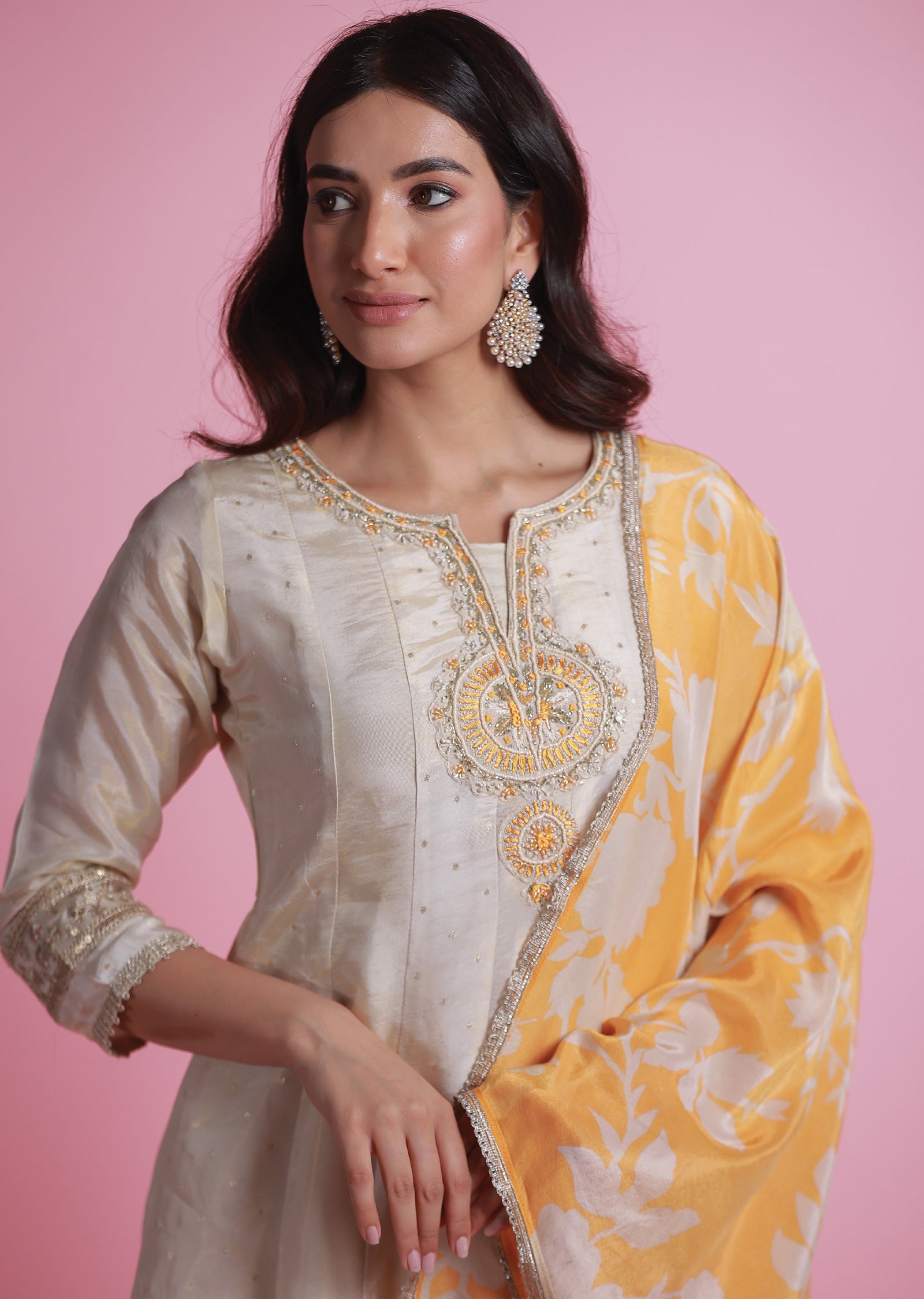 Cream Banaras Tissue Anarkali