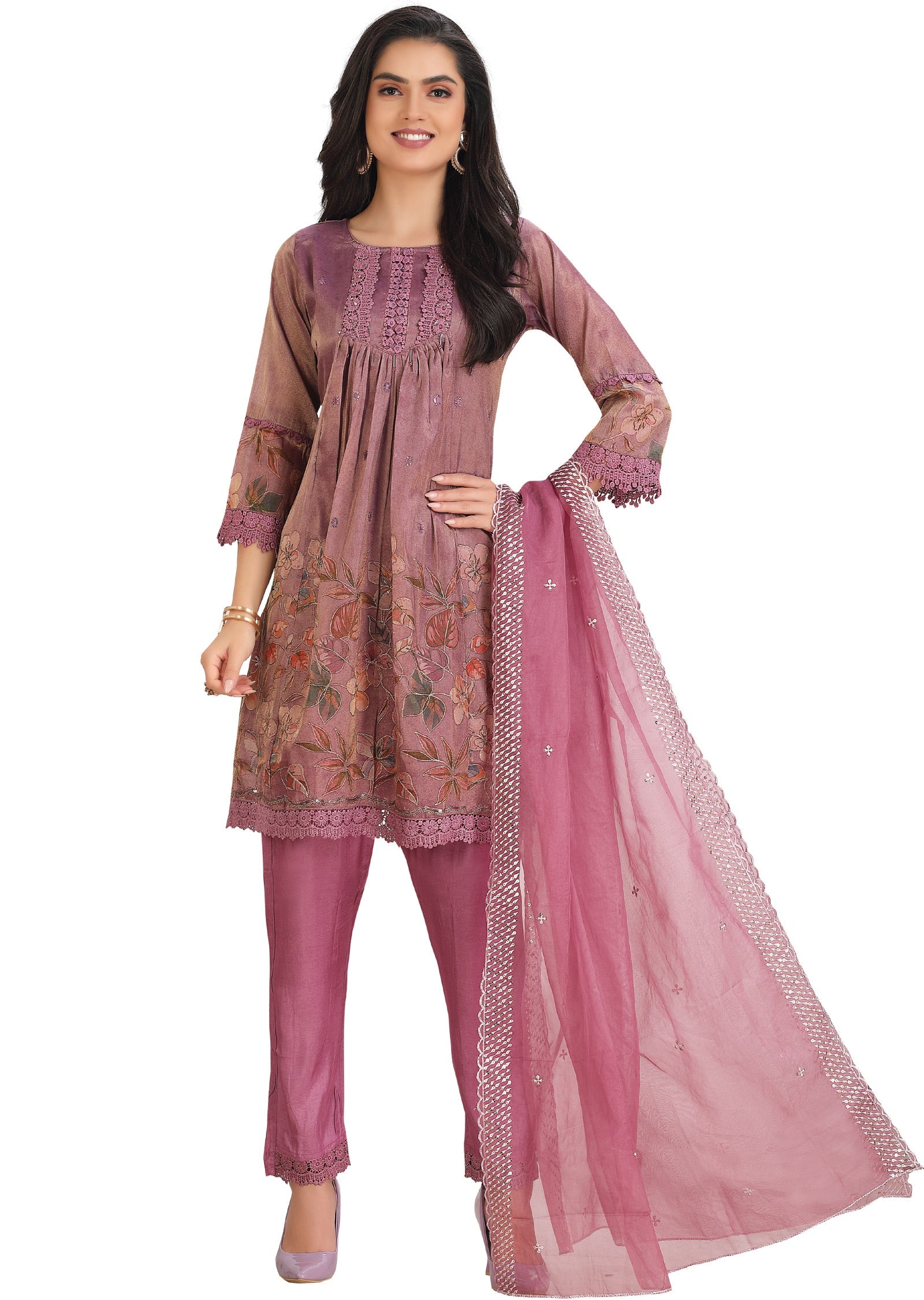 Dark Onion Pink Tissue Silk Anarkali