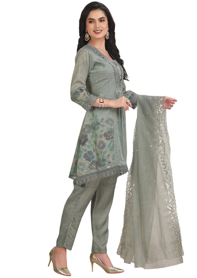 Greenish Grey Tissue Silk Anarkali