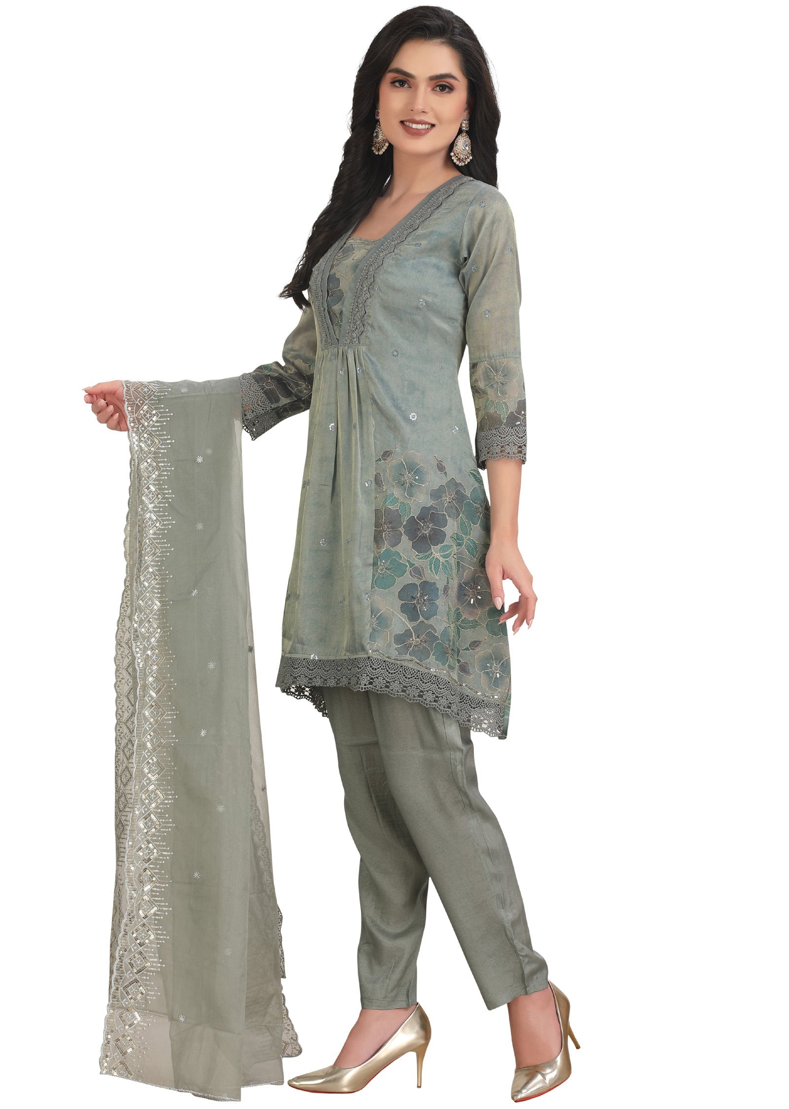 Greenish Grey Tissue Silk Anarkali