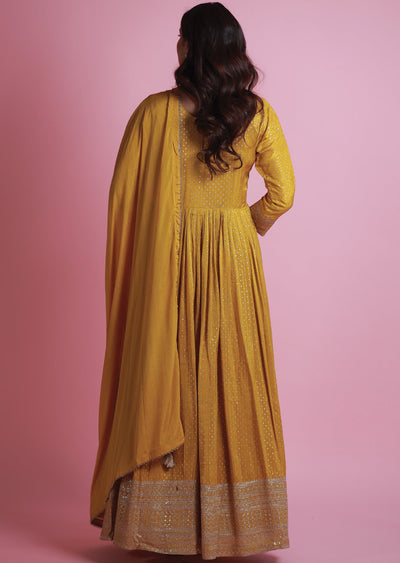 Mustard Banaras Tissue Silk Anarkali