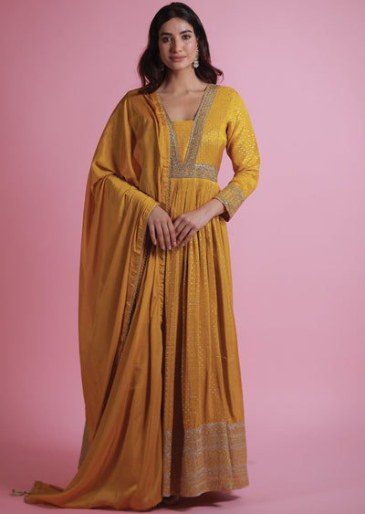 Mustard Banaras Tissue Silk Anarkali