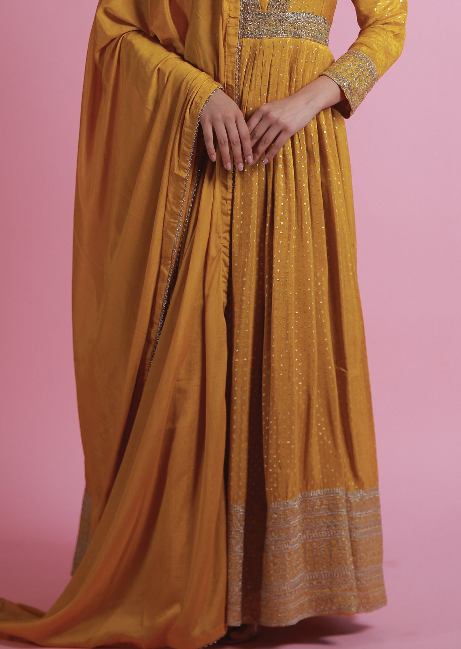 Mustard Banaras Tissue Silk Anarkali