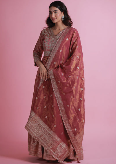 Pink Banaras Tissue Silk Anarkali