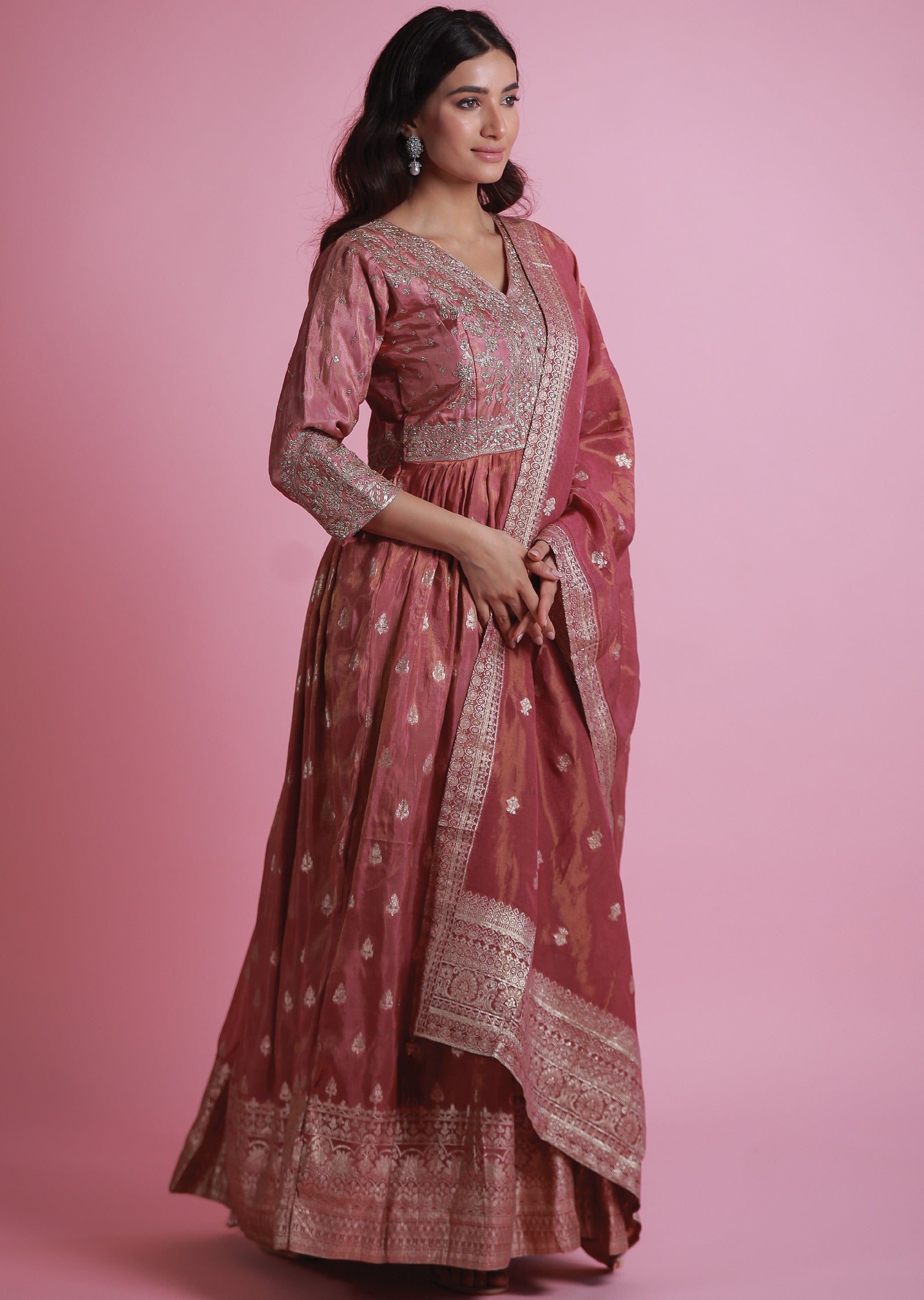 Pink Banaras Tissue Silk Anarkali