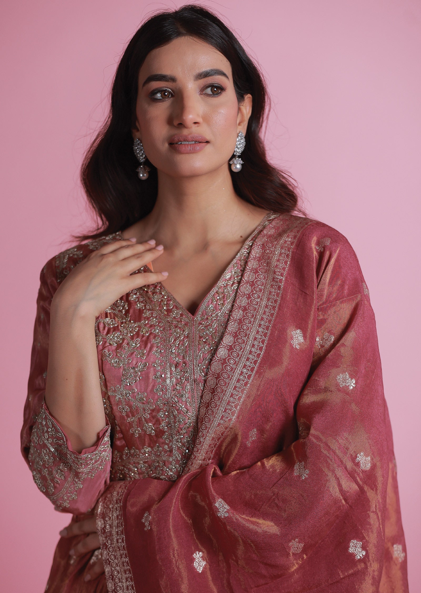 Pink Banaras Tissue Silk Anarkali