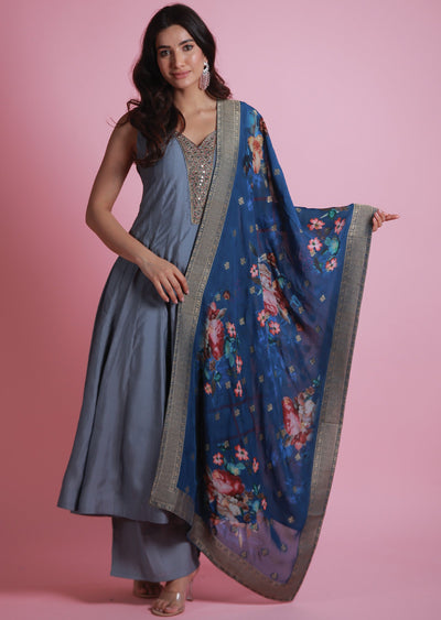 Grey Soft Silk Anarkali