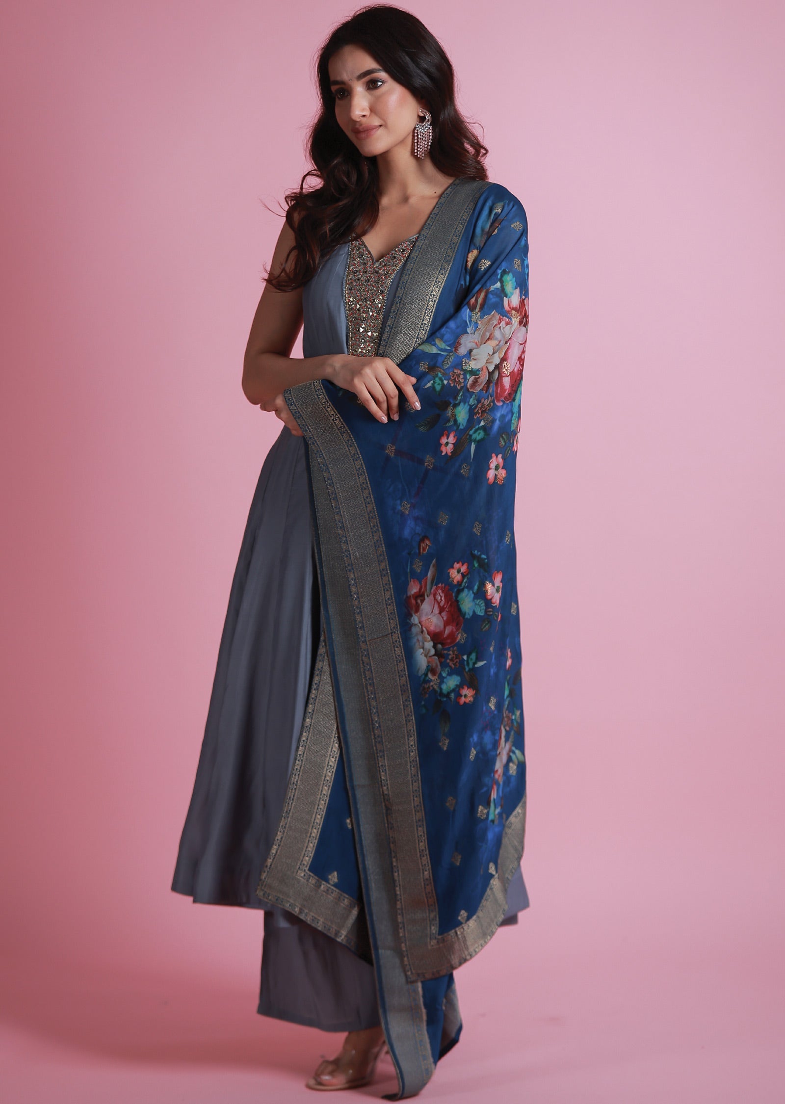 Grey Soft Silk Anarkali